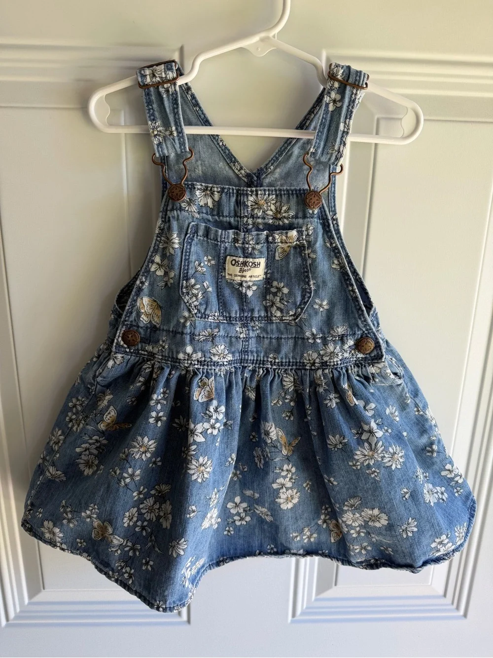 OshKosh B'gosh Girls' Blue Floral & Butterfly Denim Overall Dress 3T